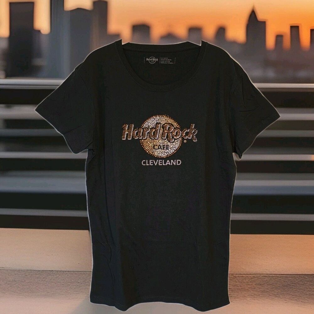Hard Rock Cafe T-Shirt Top CLEVELAND Ohio Women's 2XL Black Rhinestone Logo XXL